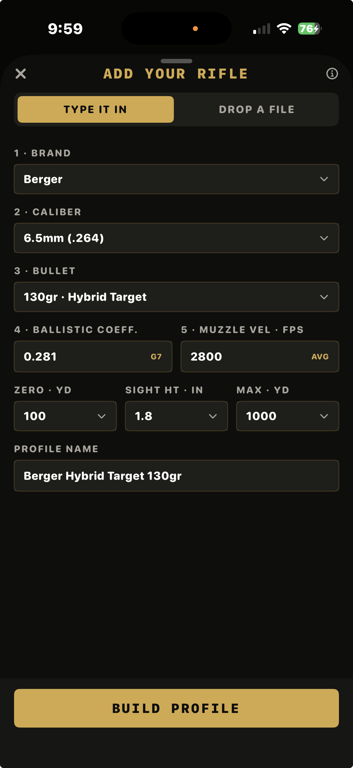 ADD YOUR RIFLE builder filled in