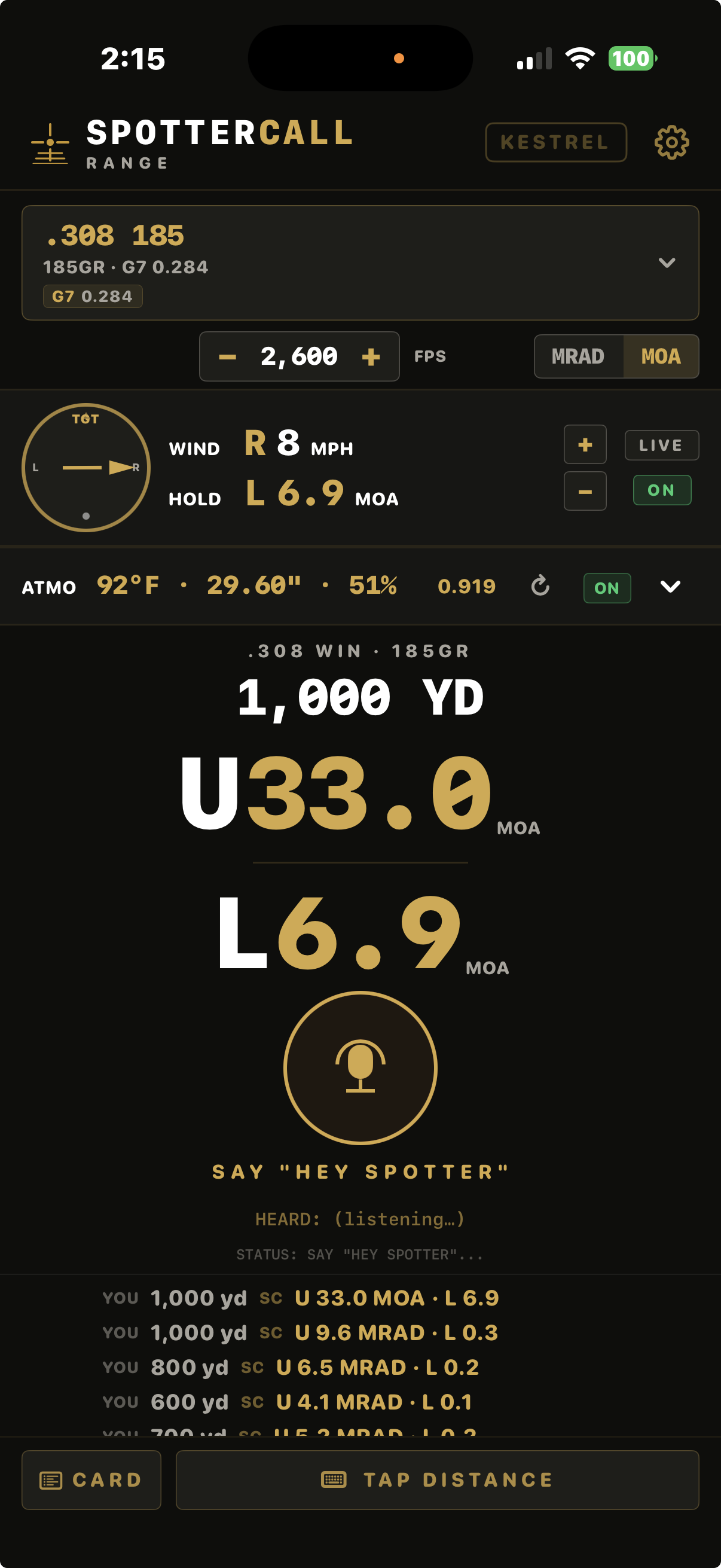 A 1000 yard call delivered in MOA mode